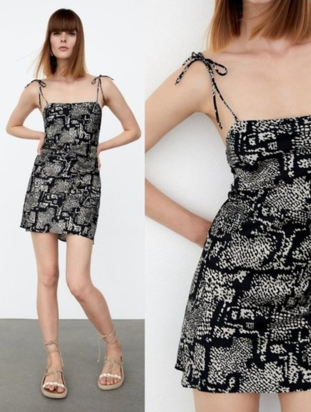 Zara Black and White Abstract Tie-Strap Mini Dress
